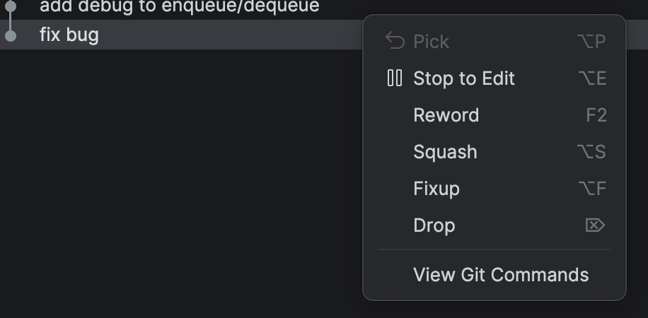 Actions on individual commit through contextual menu